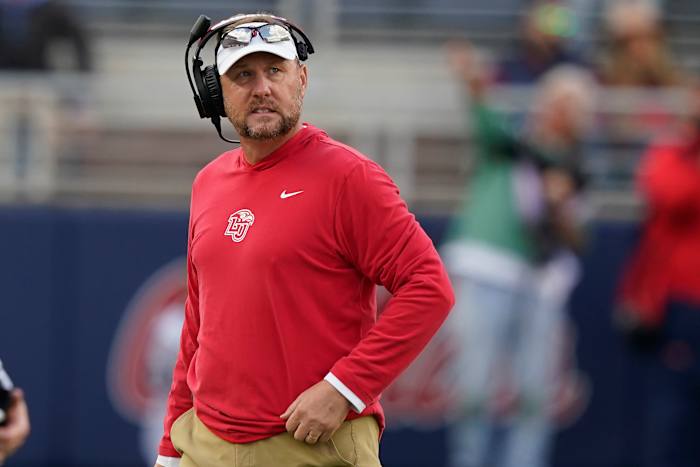 Liberty head coach Hugh Freeze looks towards his team during the second half of an NCAA college football game against Mississippi in Oxford, Miss., Saturday, Nov. 6, 2021. Mississippi won 27-14. (AP Photo/Rogelio V. Solis)